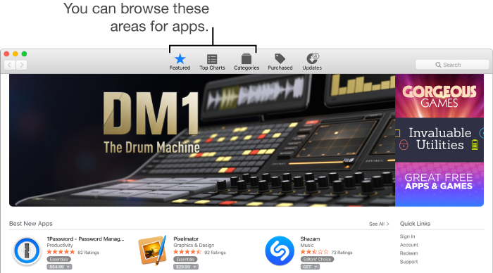The App Store window showing toolbar buttons for browsing apps