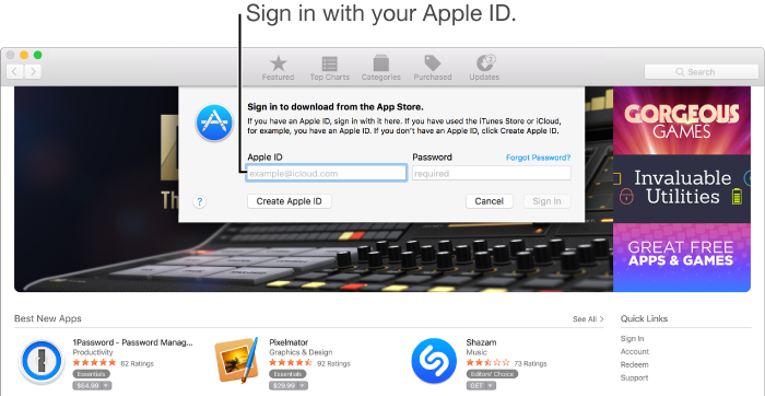 The App Store sign-in dialog
