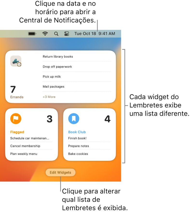 Use os widgets do app Lembretes na Central de Notificações do Mac