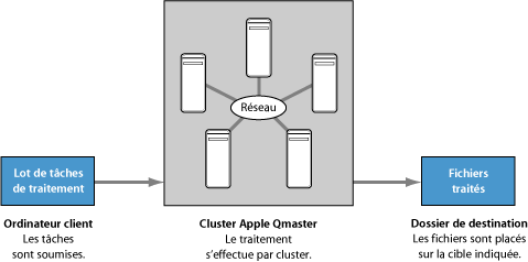 Figure. Diagram showing the batch, the Apple Qmaster cluster, and the processed files.