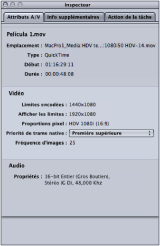 Figure. The A/V Attributes tab in the Inspector window showing source media file information.