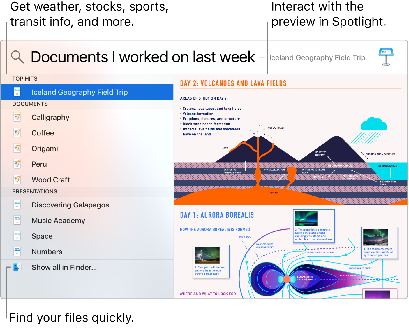 Spotlight window showing search results on the left and a preview on the right.