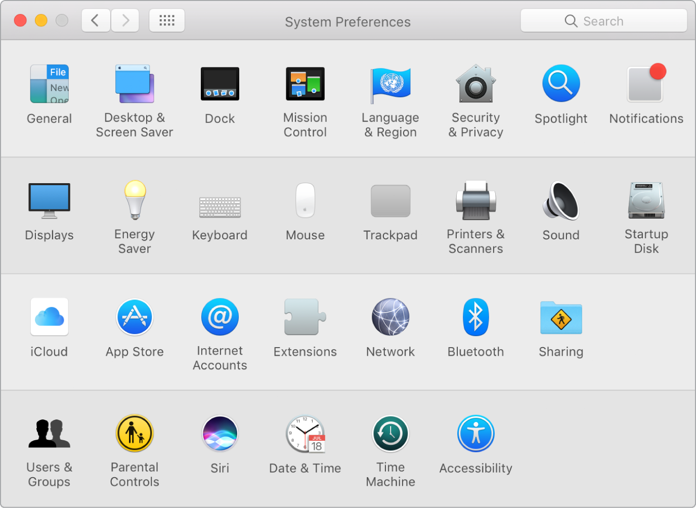 The System Preferences window.