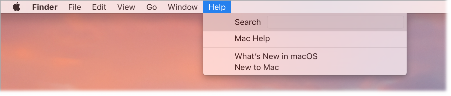 A partial desktop with the Help menu open, showing the options for Search, Mac Help, What's New in macOS, and New to Mac menu options.