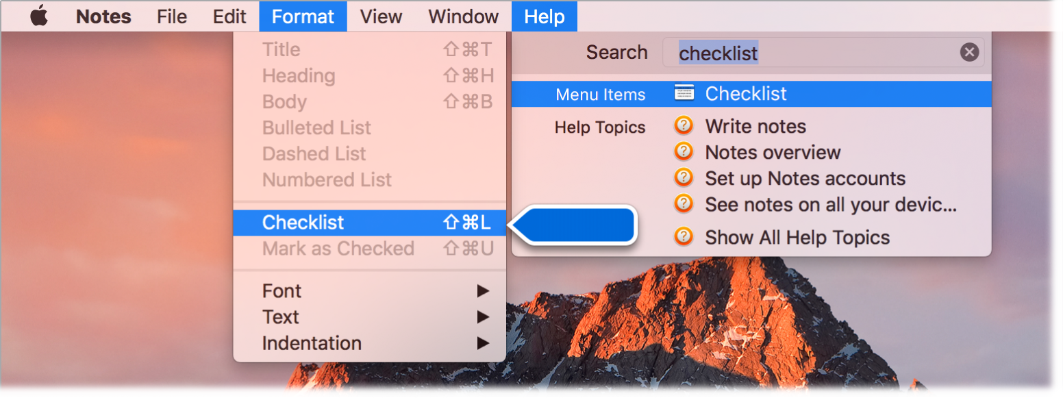 Help window showing a search for "checklist" with the Checklist command highlighted in the results list and in the Format menu.