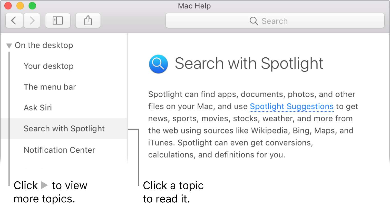 Help viewer highlighting how to view topics from the sidebar and how to display the content of a topic.