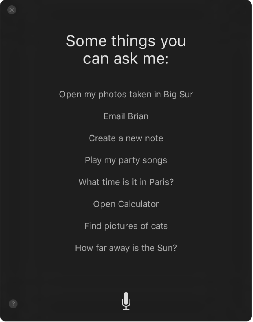 A Siri window with a list of suggestions about how to use Siri.