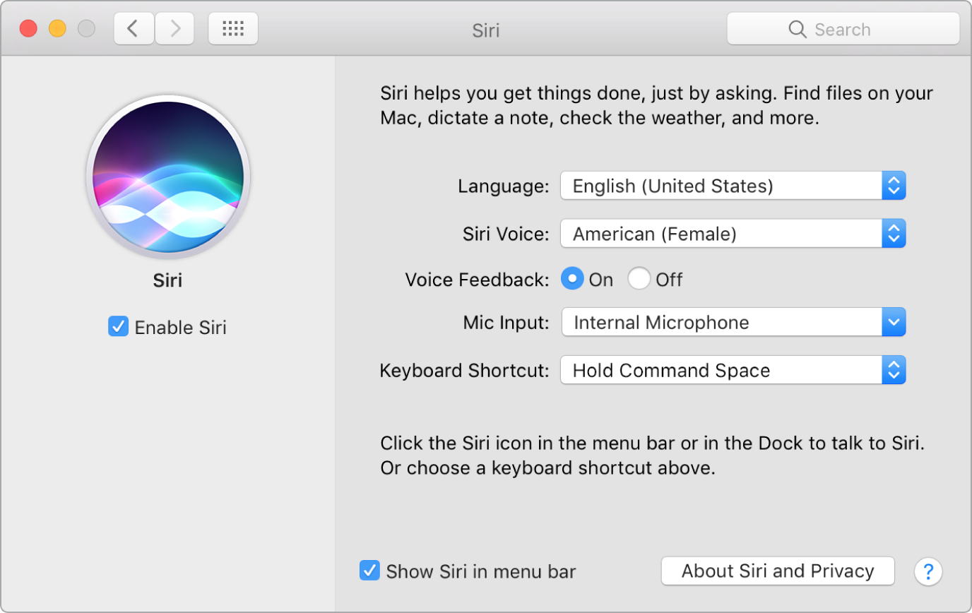 The Siri preferences window with Enable Siri chosen on the left and several options for customizing Siri on the right.
