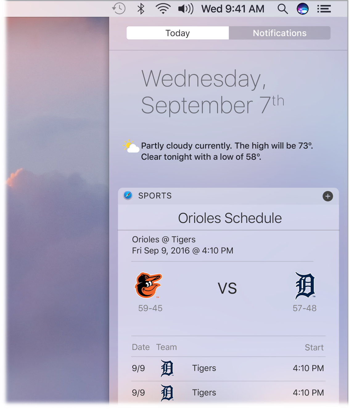 A partial desktop screen showing the Notification Center open and the Today tab selected.