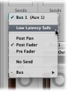 Figure. Send slot pop-up menu showing Low Latency Safe option.