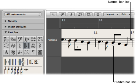 Figure. Hidden and normal bar lines in the Score Editor.