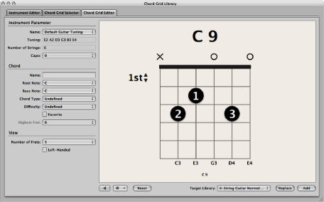 Figure. Chord Grid Editor pane in the Chord Grid Library window.