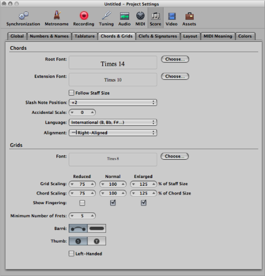 Figure. Chords and Grids pane in the Score project settings.