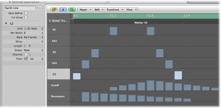 Figure. Hyper Editor showing note event lanes controlling single note pitches.