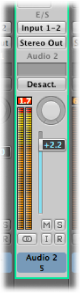 Figure. Channel strip with peak level display showing signal clipping.