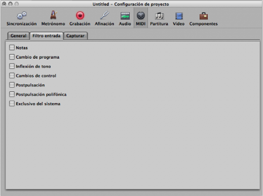 Figure. Input Filter pane of the MIDI project settings.
