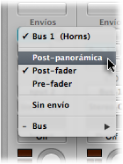 Figure. Send slot pop-up menu showing Post Pan, Post Fader, and Pre Fader options.