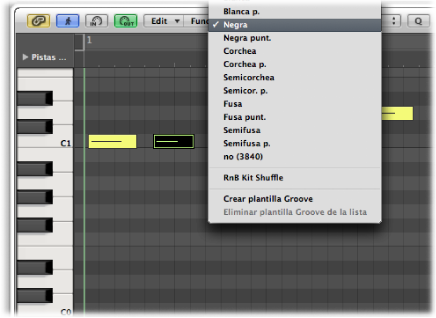 Figure. Piano Roll Editor showing the Quantize shortcut menu.