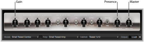 Figure. Amp Designer small interface window, showing Gain, Presence, and Master knobs.