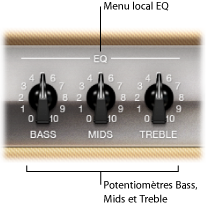 Figure. EQ pop-up menu and Bass, Mids, and Treble knobs.
