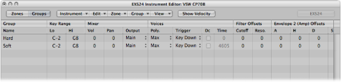 Figure. Instrument Editor showing Group parameter columns.