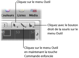 Figure. Left-click, Command-click, and Right-click Tool menus in the Arrange area.