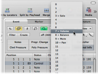 Figure. Event List tab showing MIDI controller type pop-up menu.