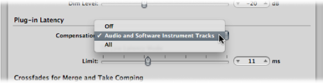 Figure. General audio preferences tab showing the Plug-in Delay Compensation pop-up menu.