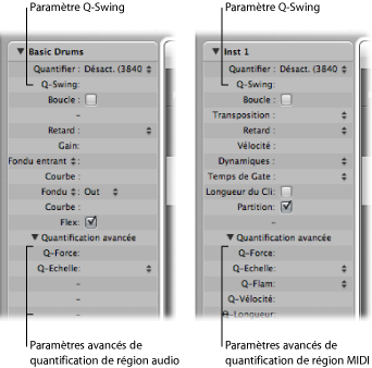 Figure. Region Parameter boxes showing audio and MIDI region quantization parameters.