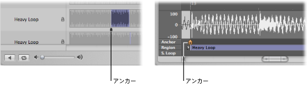 Figure. Audio region anchor in Audio Bin window and Sample Editor.