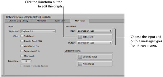 Figure. Choosing input and output message types in the Channel Strip Inspector.
