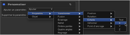 Figure. Behaviors tab showing a parameter being added to the Custom behavior from the Properties > Transform > sous-menu Position.