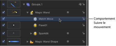 Figure. Layers tab showing Match Move behavior applied to a particle emitter.