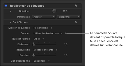 Figure. Behaviors Inspector showing the Source parameter that appears when Sequencing pop-up menu is set to Custom.