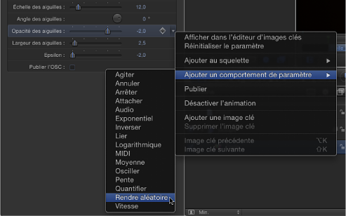 Figure. Inspector Generator tab showing shortcut menu of parameter behaviors.