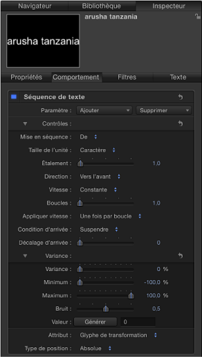 Figure. Inspector showing Sequence Text behavior settings.