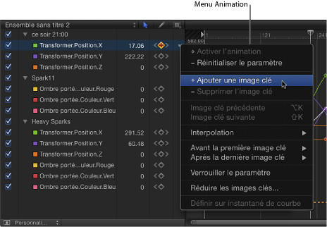 Figure. Keyframe Editor parameter list showing the Animation menu.