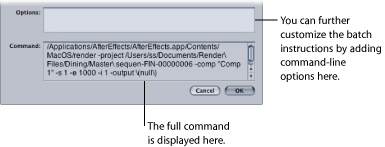Figure. Options and Command fields in the Generic Render plug-in dialog.