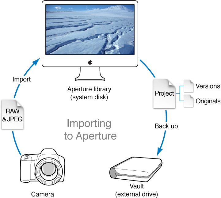 Figure. Diagram of an Aperture workflow that involves taking images with a digital camera, importing them into the Aperture library on your computer's system disk, and then backing up the library containing the masters and versions to a vault.