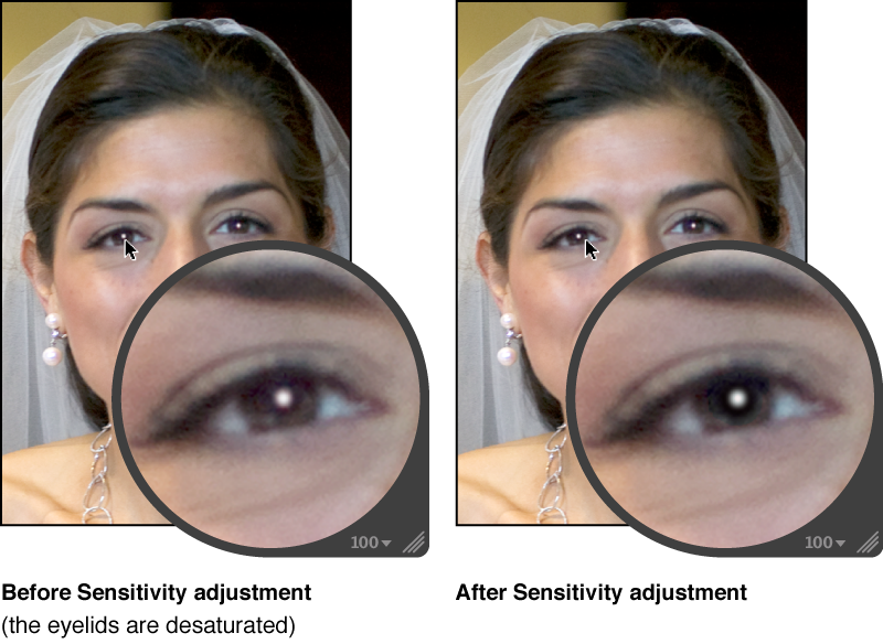 Figure. Image before and after a Sensitivity adjustment within a Red Eye target overlay.