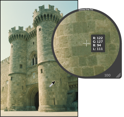 Figure. Loupe showing a magnified view of midrange color pixels in the image.