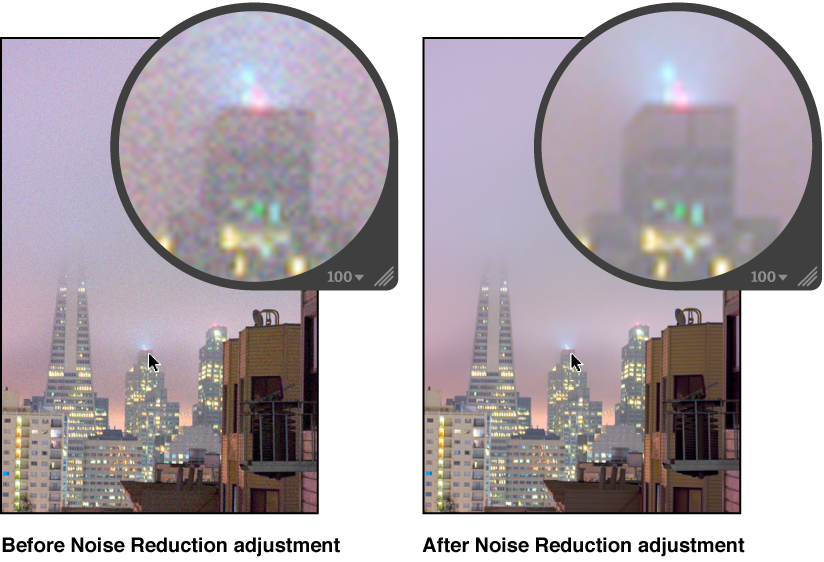 Figure. Image before and after a Noise Reduction adjustment. 