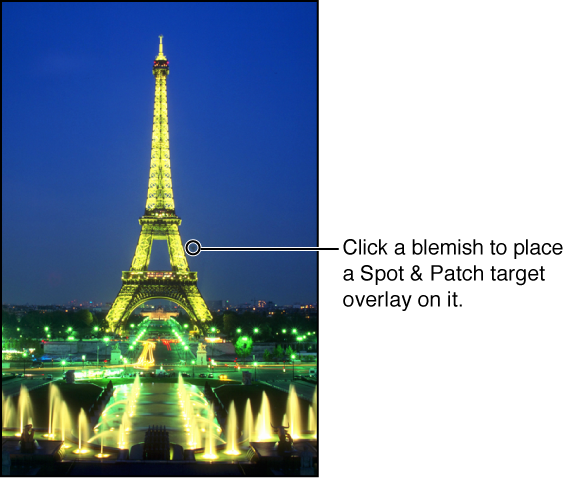 Figure. Image showing a yellow Spot & Patch target overlay placed over the blemish in the image to fix it.