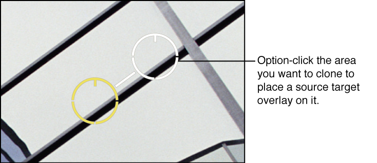 Figure. Image showing a white source target overlay placed over the portion of the image that the pixels are cloned from.