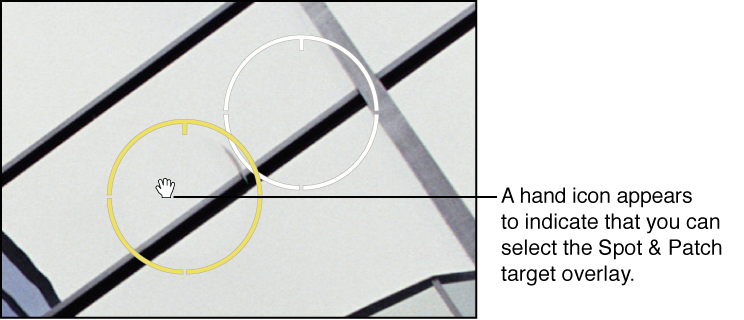 Figure. Image showing a hand icon appearing over the Spot & Patch target overlay to indicate that you can move it.
