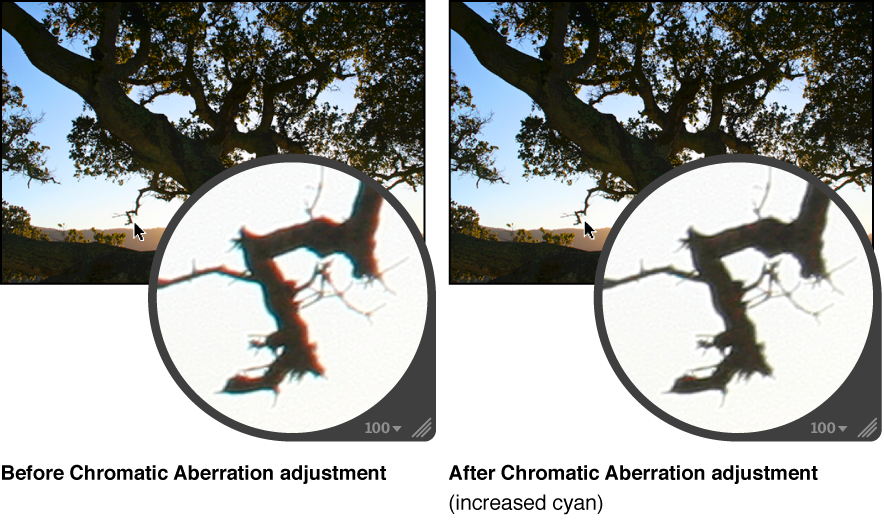 Figure. Image before and after a Chromatic Aberration adjustment.