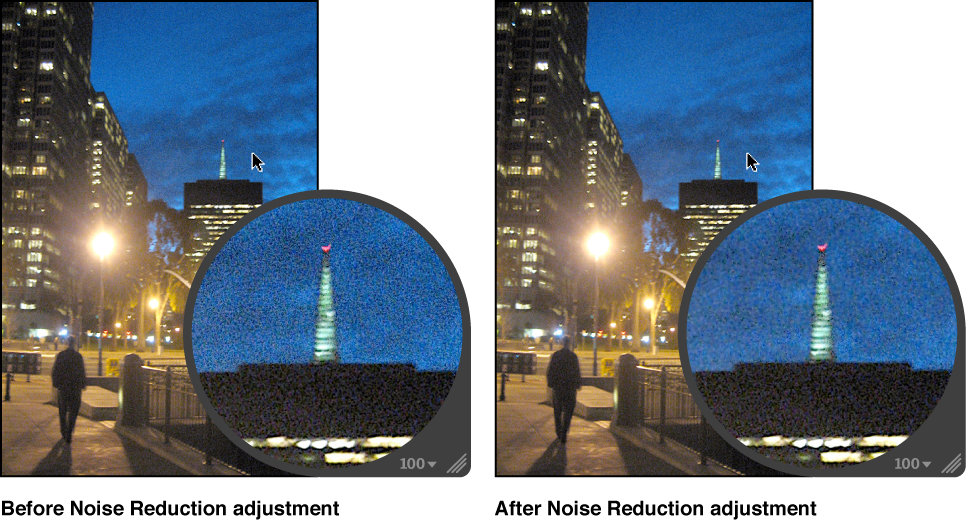 Figure. Image before and after a Noise Reduction Quick Brush adjustment.