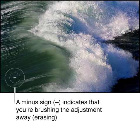 Figure. Image showing a circular overlay with a minus sign indicating the position of the brush and that the adjustment is being brushed away.