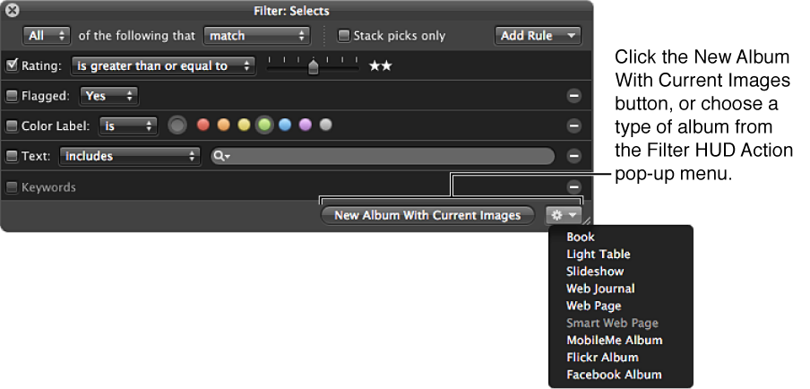 Figure. Browser's Filter HUD showing items in the Filter HUD Action pop-up menu.