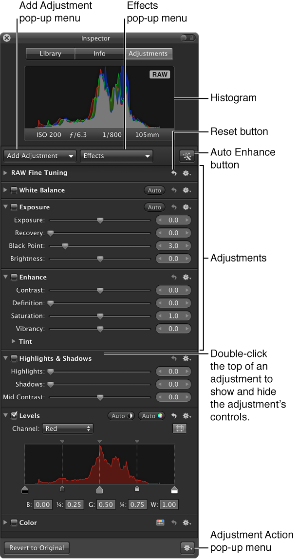 Controls in the Adjustments pane of the Inspector HUD